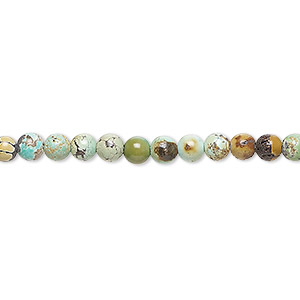 Bead, turquoise (stabilized), green-brown, 3-4mm round with 0.4-1mm hole, D grade, Mohs hardness 5 to 6. Sold per 15-inch strand.