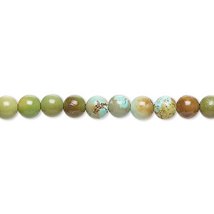 Bead, turquoise (stabilized), green-brown, 5-6mm round with 0.4-1mm hole, D grade, Mohs hardness 5 to 6. Sold per 15-inch strand.