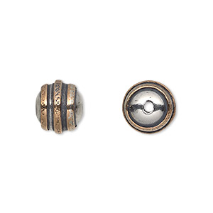 Bead, antiqued sterling silver and copper, 10mm round with textured concentric circles. Sold individually.