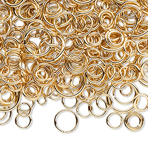Jump ring mix, gold-plated brass, 3-12mm round, 1.3-10.4mm inside diameter, 18-22 gauge. Sold per 3-ounce pkg, approximately 1,400-1,500 jump rings.