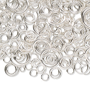 Jump ring mix, silver-plated brass, 3-12mm round, 1.3-10.4mm inside diameter, 18-22 gauge. Sold per 3-ounce pkg, approximately 1,400-1,500 jump rings.