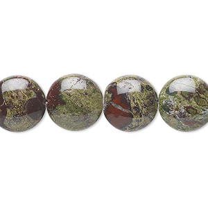 Bead, dragon blood jasper (natural), 12mm puffed flat round, B grade, Mohs hardness 6-1/2 to 7. Sold per 15-1/2&quot; to 16&quot; strand.