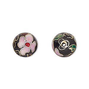 Bead, cloisonn&#233;, enamel and gold-finished copper, black / pink / red, 12mm round with flower design. Sold per pkg of 10.