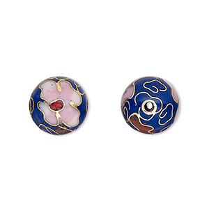Bead, cloisonn&#233;, enamel and gold-finished copper, multicolored, 12mm round with flower design. Sold per pkg of 10.