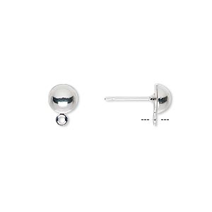 Earstud, silver-plated brass and stainless steel, 6mm half ball with closed loop. Sold per pkg of 50 pairs.