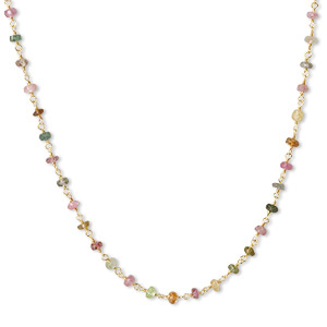Necklace, multi-tourmaline (natural) and gold-finished sterling silver, 3.5-4mm hand-cut faceted rondelle, 18 inches with S-hook clasp. Sold individually.