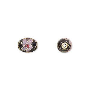 Bead, cloisonn&#233;, enamel and gold-finished copper, black / pink / red, 9x7mm oval with flower design. Sold per pkg of 10.