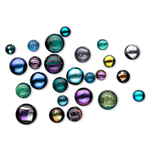 Cabochon, dichroic glass, black and multicolored, 5-11mm non-calibrated round. Sold per 15-gram pkg, approximately 20-25 cabochons.