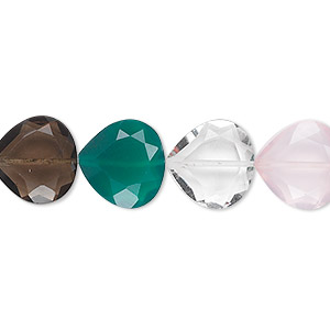 Bead, multi-quartz and green onyx (natural / heated / dyed / irradiated), 12x12mm hand-cut faceted teardrop, B grade, Mohs hardness 6-1/2 to 7. Sold per pkg of 10.