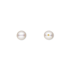 Pearl, cultured saltwater (bleached), white to light mauve or peach, 5.5-6mm half-drilled round, B- grade, Mohs hardness 2-1/2 to 4. Sold per pair.