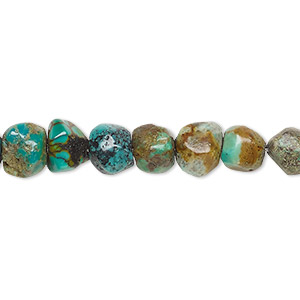 Bead, turquoise (dyed / stabilized), blue-green, medium machine-cut faceted pebble, Mohs hardness 5-6. Sold per 15-1/2 to 16-inch strand.