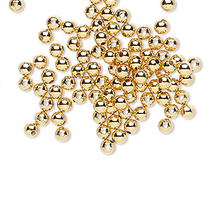 Bead, gold-plated brass, 3mm round. Sold per pkg of 1,000.