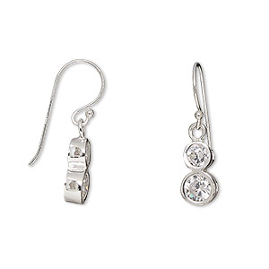 Earring, sterling silver and cubic zirconia, clear, 23mm with 4mm and 5mm faceted round with fishhook ear wire. Sold per pair.