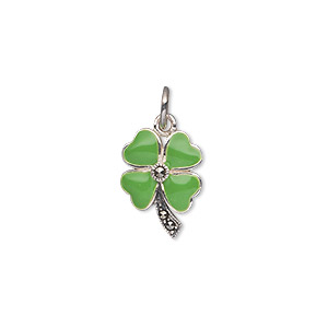 Charm, Signity&reg; marcasite (natural) / epoxy / antiqued sterling silver, green, 15x11mm single-sided 4-leaf clover. Sold individually.