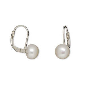 Earring, cultured freshwater pearl (bleached) and sterling silver, white, 20mm with 8mm button and leverback ear wire, 20x8mm overall. Sold per pair.