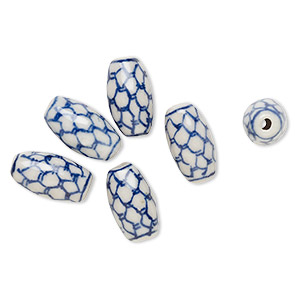 Bead, porcelain, blue and white, 16x8mm-17x9mm oval with scale design. Sold per pkg of 6.