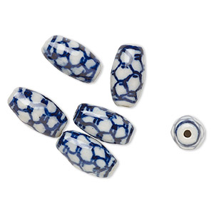 Bead, porcelain, blue and white, 15x8mm-16x9mm oval with scale design. Sold per pkg of 6.