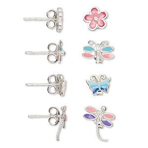 Earstud, sterling silver and enamel, multicolored, 7x6mm-10x8mm butterfly / dragonfly / flower with earstud. Sold per set of 4 pairs.
