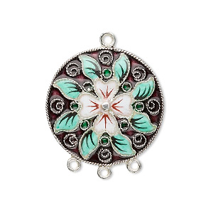 Drop, sterling silver with cloisonn&#233;, purple with white flower and green leaves, 25mm round with 3-loops. Sold individually.