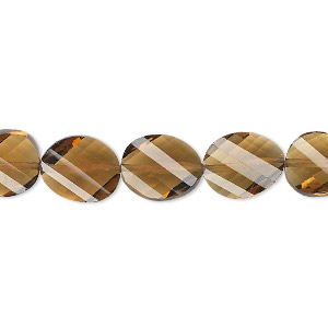 Bead, golden quartz (heated), light to dark, 11x9mm hand-cut faceted twisted flat oval, B+ grade, Mohs hardness 7. Sold per pkg of 5.