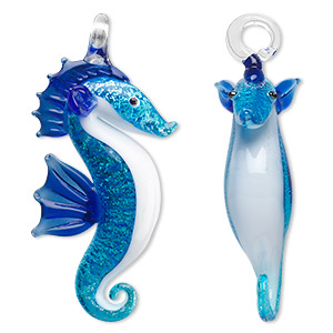Focal, lampworked glass, blue / dark blue / white with silver-colored foil, 70x30mm double-sided seahorse. Sold individually.