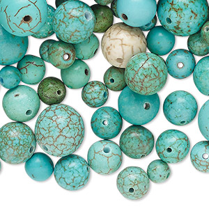 Bead mix, magnesite (dyed / stabilized), blue-green, 5-10mm round, B grade, Mohs hardness 3-1/2 to 4. Sold per 1/2 pound pkg, approximately 450 beads.