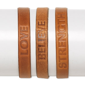 Bracelet, leather (dyed) and waxed cotton cord, tan and brown, 10.5mm wide with stamped &quot;LOVE&quot; / &quot;BELIEVE&quot; / &quot;STRENGTH,&quot; adjustable from 6-9 inches with knot closure. Sold per pkg of 3.