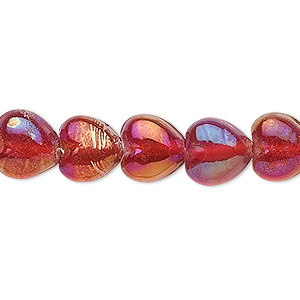 Bead, glass, iridescent rainbow red, 10mm heart. Sold per pkg of (2) 15-1/2&quot; to 16&quot; strands.