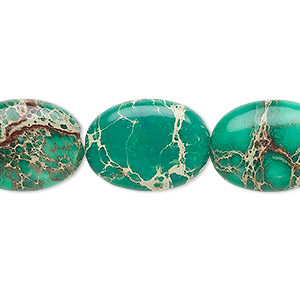 Bead, magnesite (dyed / stabilized), turquoise green, 18x13mm flat oval, B grade, Mohs hardness 3-1/2 to 4. Sold per 15-1/2&quot; to 16&quot; strand.