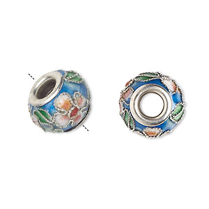 Bead, Dione&reg;, cloisonn&#233;, enamel and silver-plated brass grommets, blue / pink / green, 14x10mm rondelle with flower and leaves design. Sold per pkg of 4.