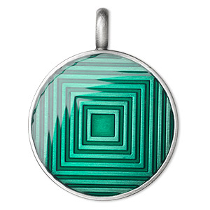 Pendant, epoxy and &quot;pewter&quot; (zinc-based alloy), green, 44x35mm single-sided matte round with graduated square design. Sold individually.