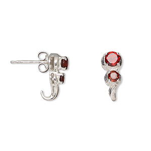 Earstud, garnet (natural) and sterling silver, 14mm with 4mm and 3mm faceted round with post. Sold per pair.