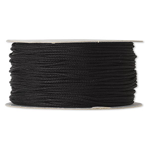 Cord, imitation silk, black, 1mm. Sold per 100-foot spool.