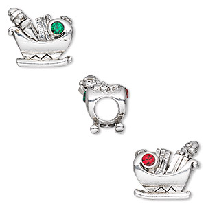 Bead, Dione&reg;, antique silver-plated pewter (tin-based alloy) with crystal rhinestone, light Siam and emerald, 14mm double-sided Christmas sleigh. Sold individually.