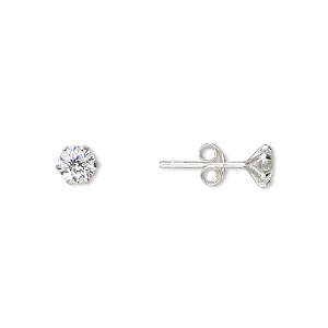 Earstud, sterling silver and cubic zirconia, clear, 5mm round with post. Sold per pair.