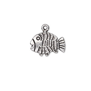 Charm, antique silver-plated &quot;pewter&quot; (zinc-based alloy), 17x13mm double-sided fish. Sold per pkg of 20.