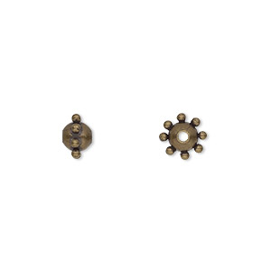 Bead, antiqued gold-plated steel, 7x5mm studded round. Sold per pkg of 10.