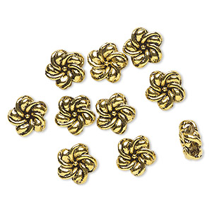 Slide, 2-strand, antique gold-finished &quot;pewter&quot; (zinc-based alloy), 11.5mm double-sided flower with 2.5mm hole. Sold per pkg of 10.