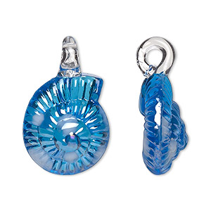 Pendant, lampworked glass, translucent blue luster, 28x18mm double-sided round shell with dots. Sold per pkg of 2.