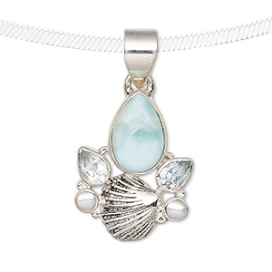 Pendant, larimar (natural) / sky blue topaz (irradiated) / cultured freshwater pearl (bleached) / antiqued sterling silver, 25x19mm with shell and teardrop. Sold individually.