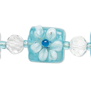 Bead, lampworked glass, turquoise blue / clear / white, 8mm faceted round and 17mm double-sided flat square with raised flower. Sold per 7-inch strand.