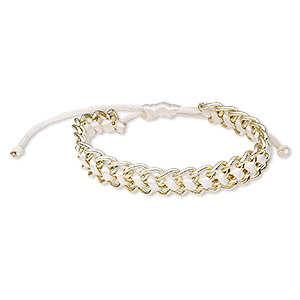 Bracelet, nylon and gold-coated acrylic, white, 14mm wide, adjustable from 6 to 8-1/2 inches with wrapped knot closure. Sold individually.