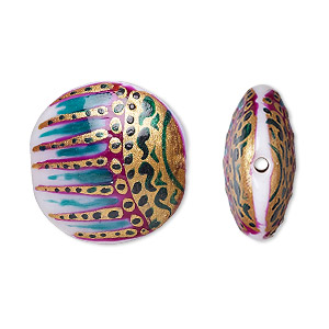 Bead, lampworked glass, multicolored, 22mm double-sided puffed flat round with hand-painted abstract design. Sold per pkg of 2.