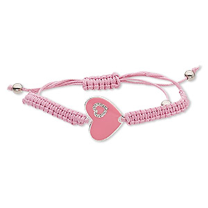 Bracelet, nylon / enamel / glass rhinestone / silver-finished &quot;pewter&quot; (zinc-based alloy), pink and clear, 24mm wide with 24x20mm heart, adjustable from 5-1/2 to 9 inches with macram&#233; knot closure. Sold individually.