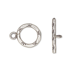 Clasp, toggle, Hill Tribes, antiqued fine silver, 14mm fancy round. Sold individually.