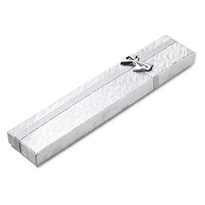 Gift box, paper and foam, silver and white, 8-1/4 x 1-1/2 x 3/4 inch rectangle with ribbon and bow. Sold per pkg of 12.