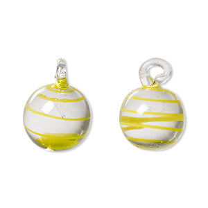 Drop, lampworked glass, yellow and clear, swirl, 14mm round. Sold per pkg of 2.