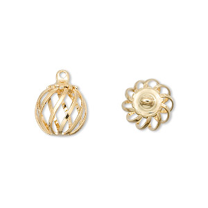 Drop, gold-plated steel and brass, 11mm swirled round bead cage. Sold per pkg of 100.