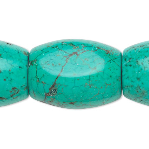 Bead, magnesite (dyed / stabilized), blue-green, 28x22mm-29x22mm barrel, C grade, Mohs hardness 3-1/2 to 4. Sold per 17-inch strand.