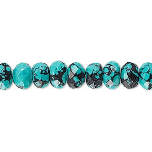 Bead, &quot;turquoise&quot; (resin) (imitation), blue and black, 8x5mm faceted rondelle with matrix. Sold per 8-inch strand, approximately 40 beads.